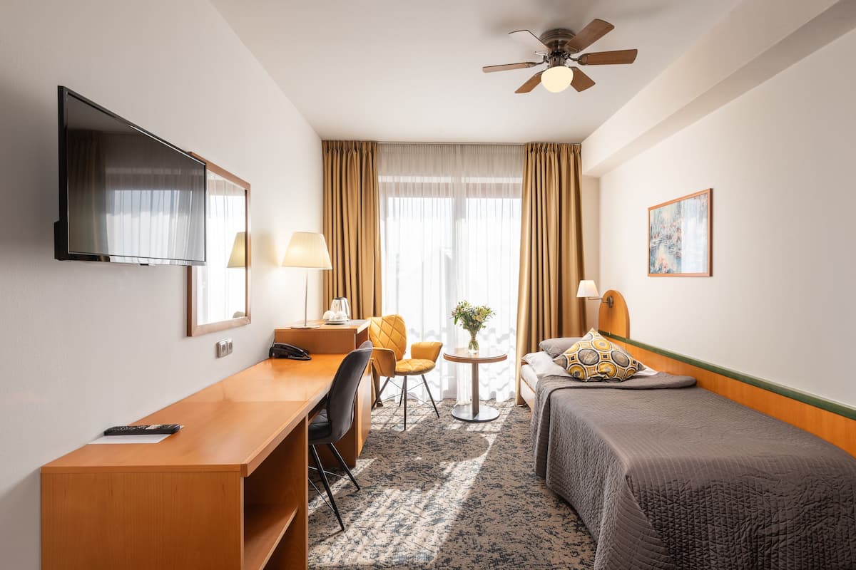 A hotel room with a bed, desk, chair, TV, and a small table with a vase.