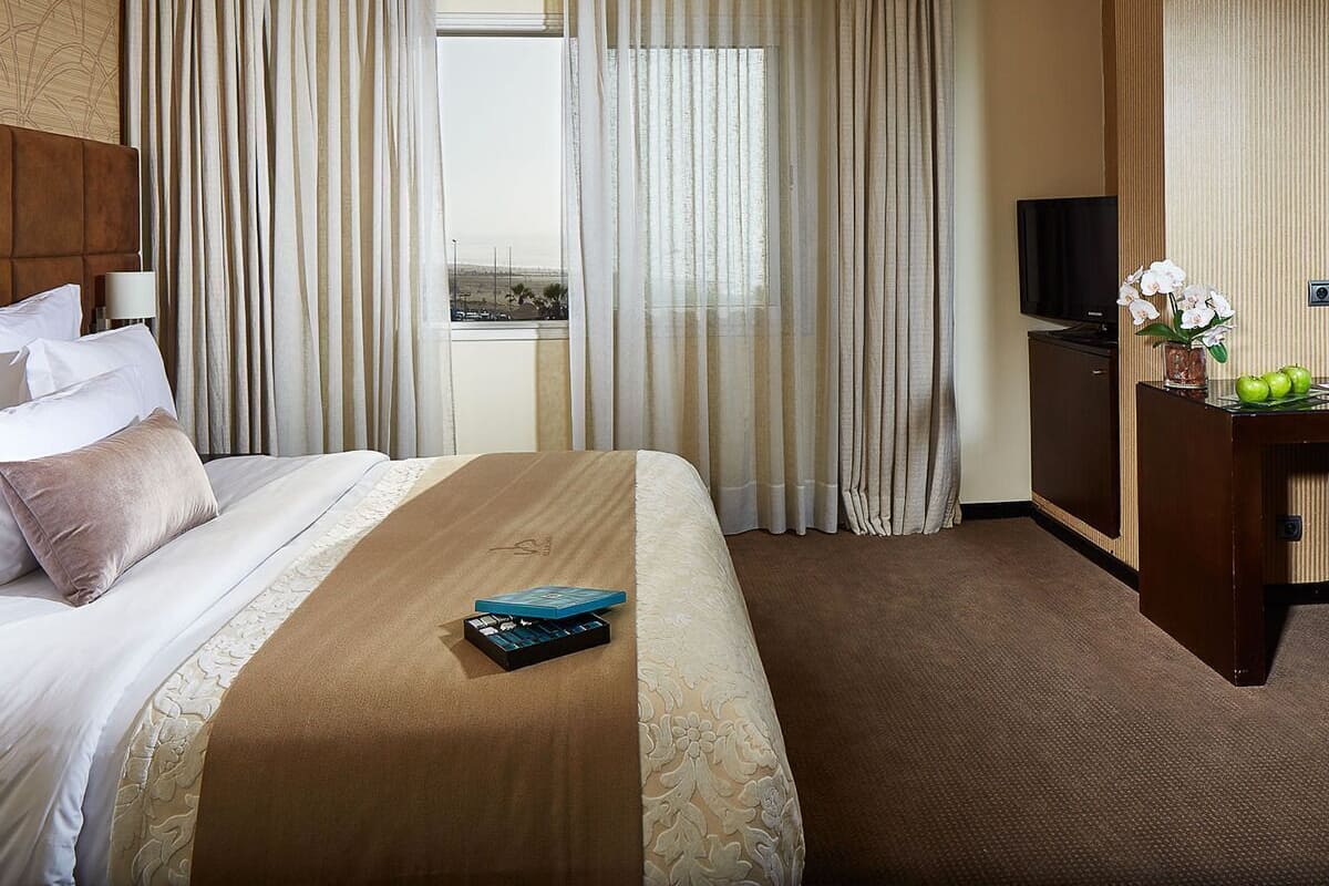 Habitación de hotel con cama, cortinas, televisor, escritorio con planta y ventana con vistas.
