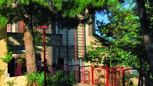 A building with a red gate labeled "Accueil" and a tree in the foreground.
