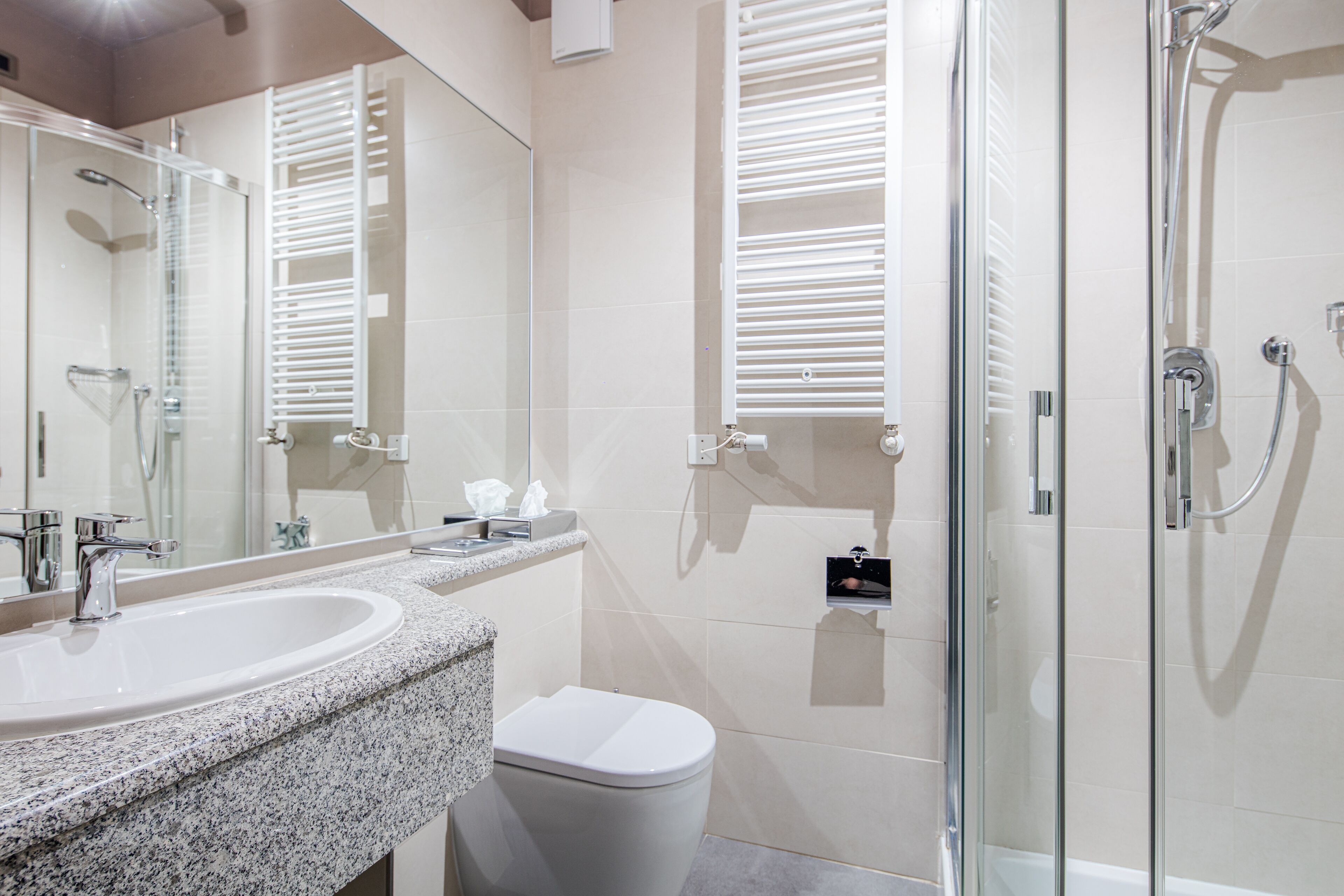 shower, rainfall showerhead, free toiletries, hair dryer