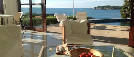 Villa, 3 Bedrooms, Private Pool, Sea View (Courtyard Pool Villa) | Living area | 55-cm LED TV with digital channels, pay movies