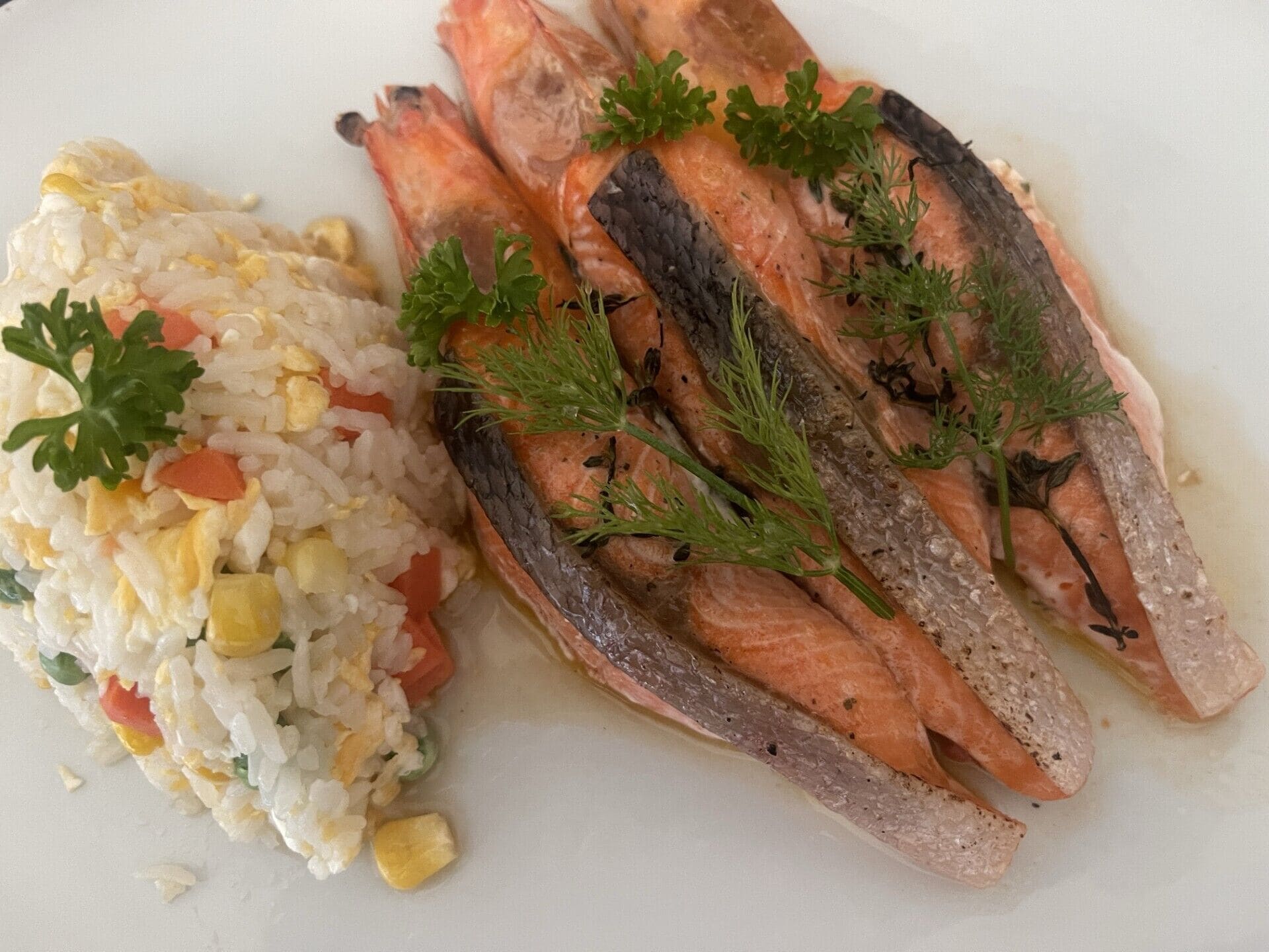 A plate with salmon and rice.