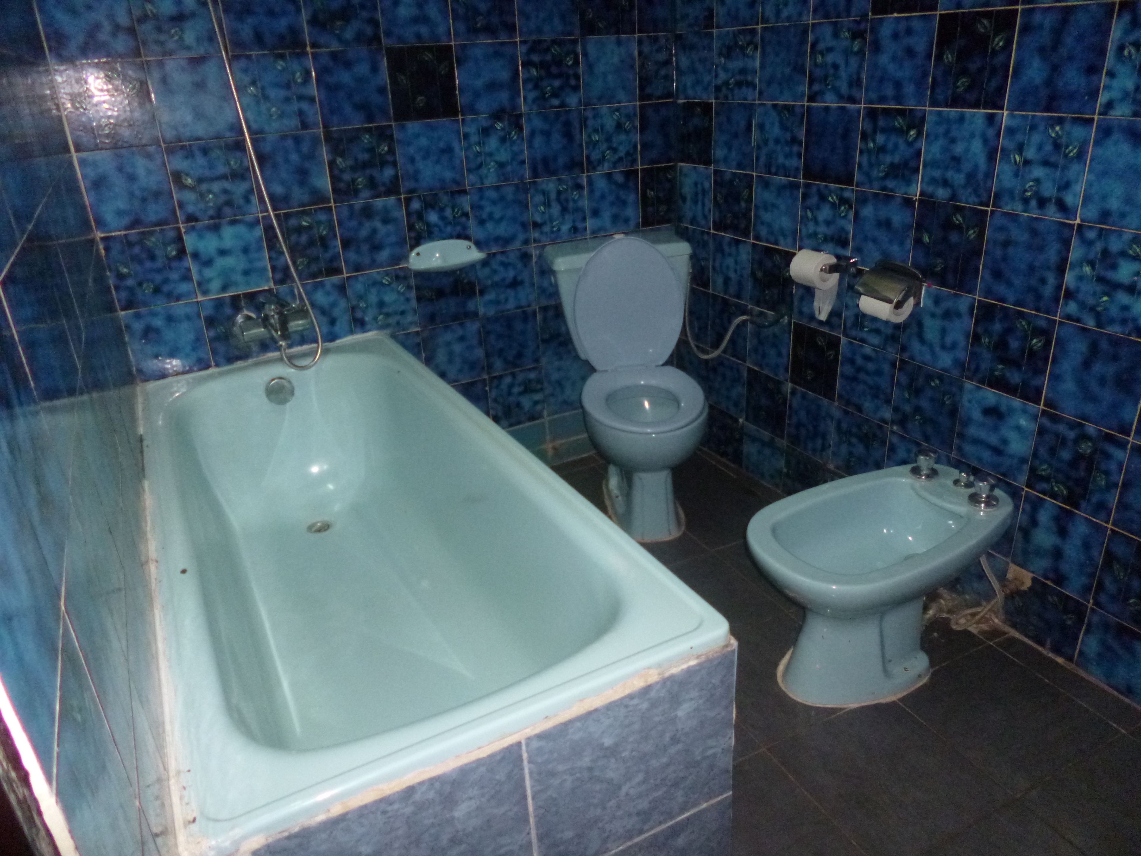 A bathroom with a bathtub, toilet, and bidet. The walls are tiled with blue tiles.