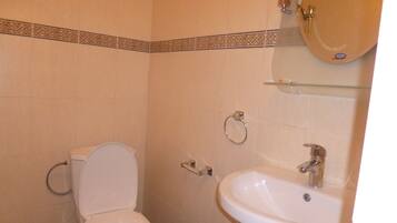 A bathroom with a toilet, a sink, and a mirror.
