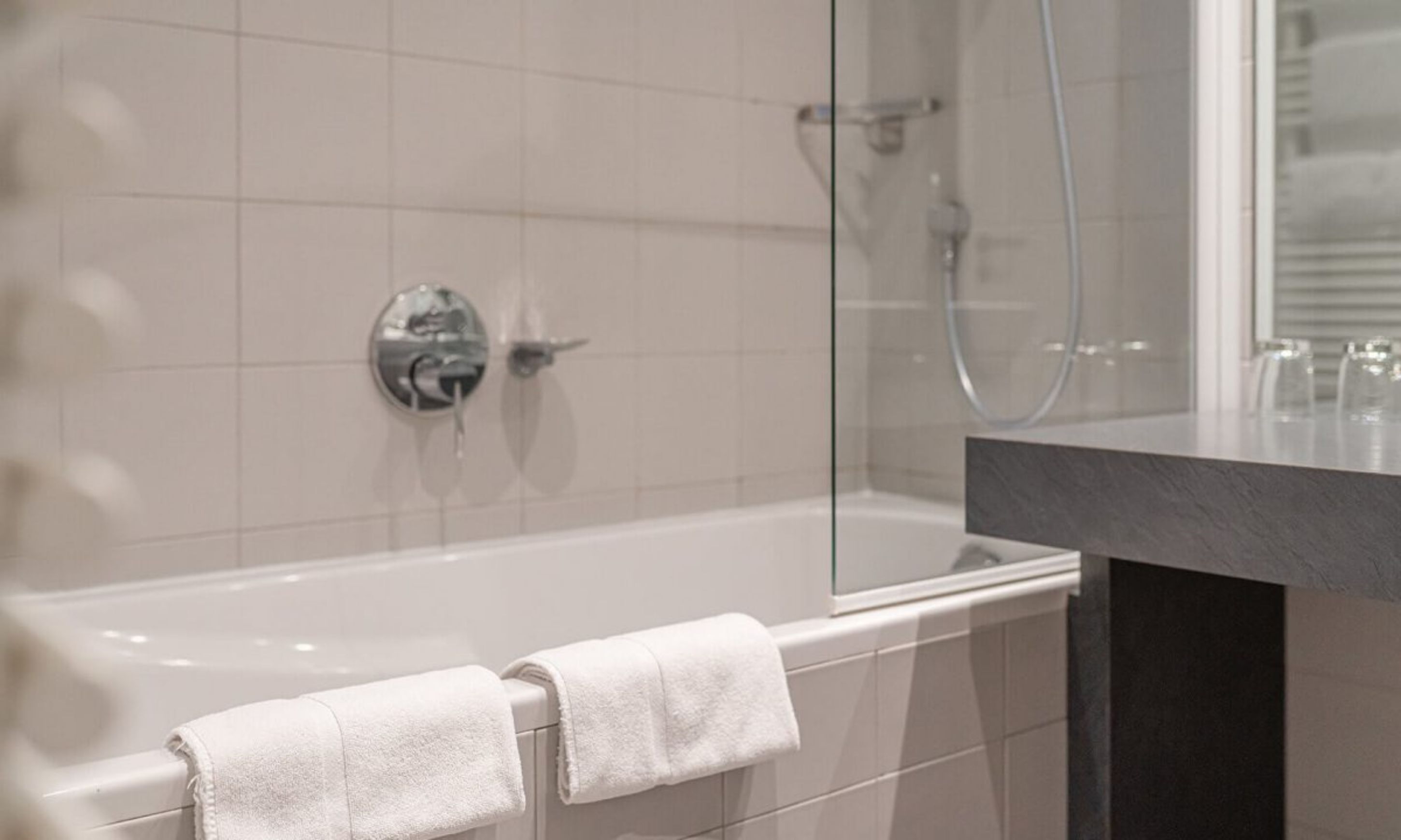 A modern bathroom with a bathtub, a glass-enclosed shower, and a dark-toned vanity.