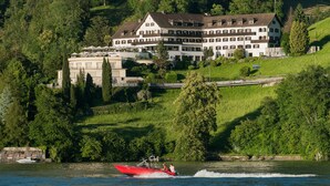 A large, multi-story hotel with a traditional European architectural style, surrounded by lush greenery and a lake. - See- und Seminarhotel FloraAlpina (Vitznau)