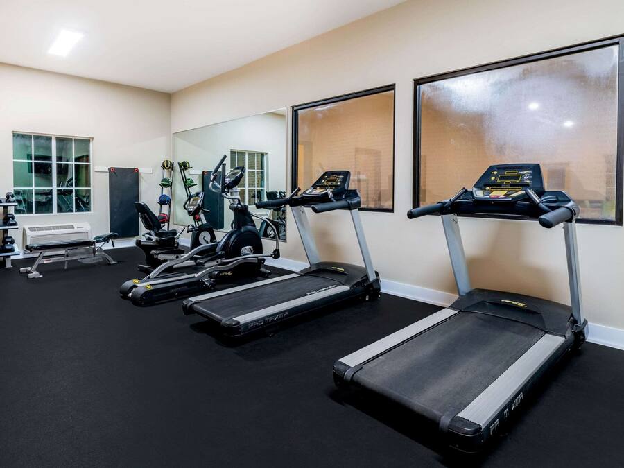 A gym with treadmills, weight machines, and dumbbells.