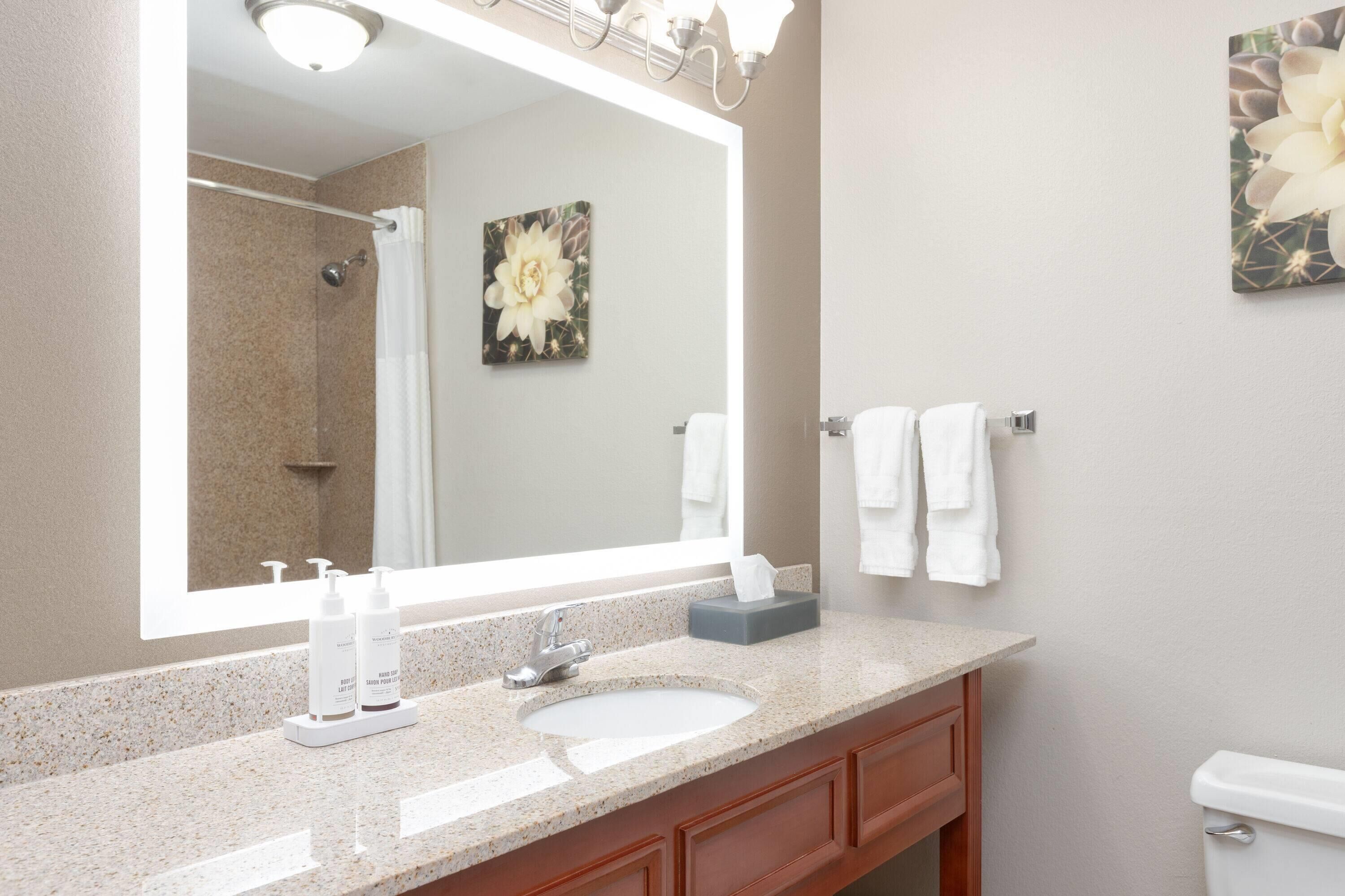 A bathroom with a large mirror, a sink, a shower, and a toilet.