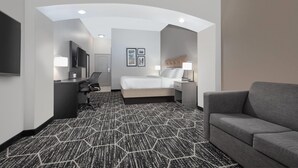 Una habitación de hotel con una cama, un escritorio, una silla, un sofá y un televisor.