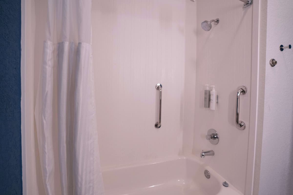 Un baño con bañera, ducha e inodoro.