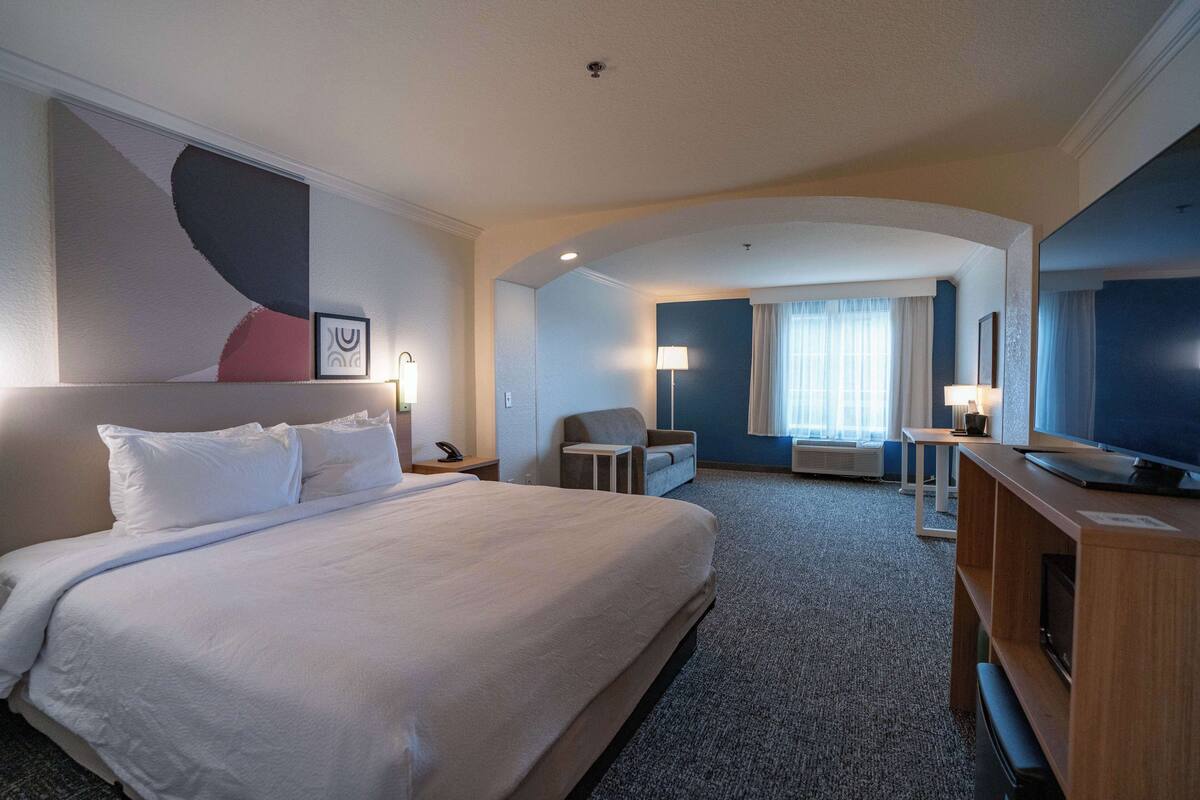 Una habitación de hotel con una cama grande, un escritorio, una silla y un televisor.