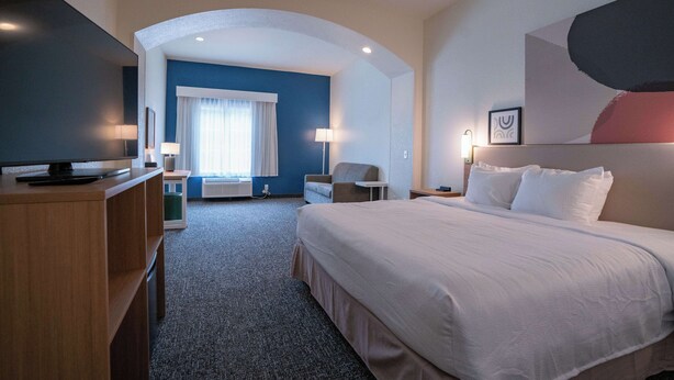 A hotel room with a large bed, a television on a wooden desk, a chair, a lamp, and a window with curtains. - Spark by Hilton Brandon (Brandon)