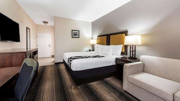 A hotel room with a bed, a sofa, a desk, and a TV.