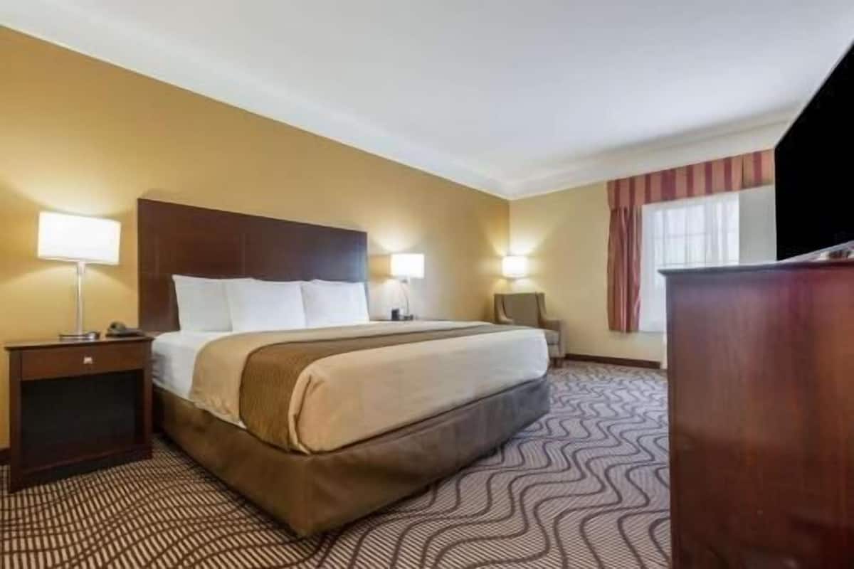 A hotel room with a bed, nightstands, lamps, a desk, and a patterned carpet.