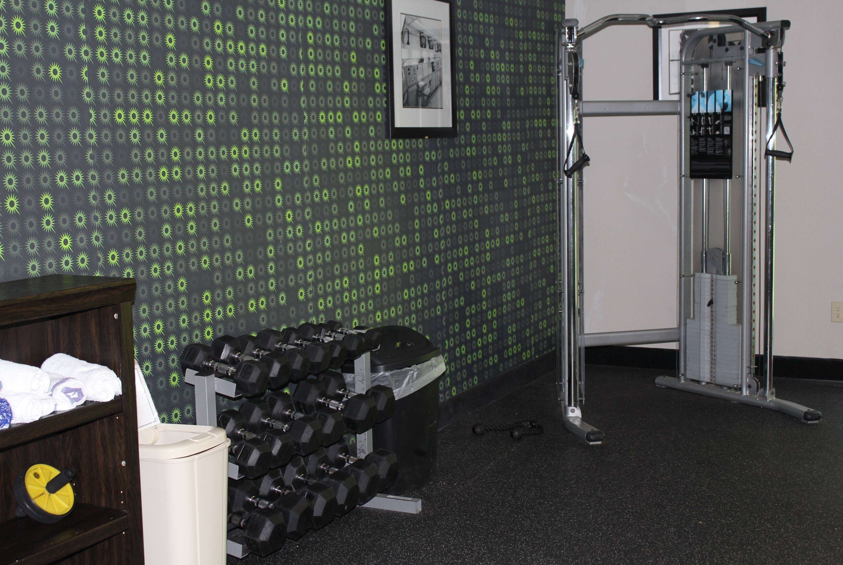 Un gimnasio con equipo de ejercicio, una pared con un diseño y una foto en la pared.