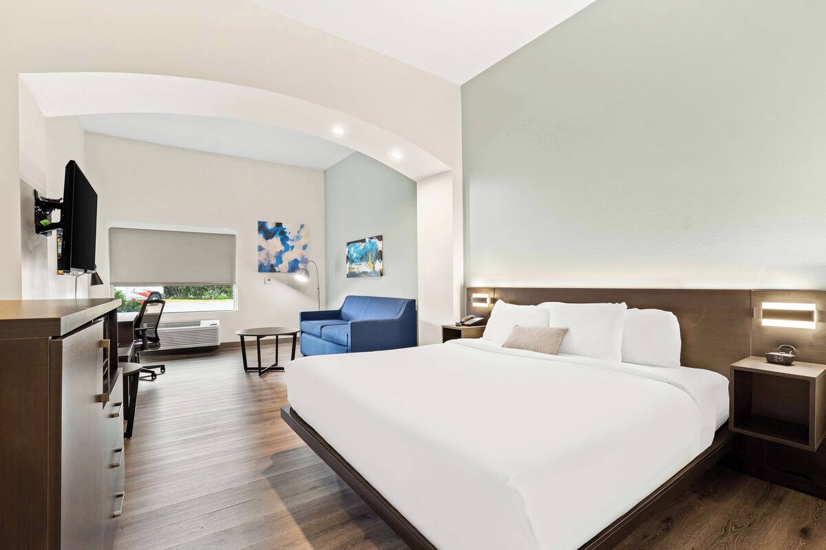 suite, 1 king bed, accessible, refrigerator & microwave | premium bedding, desk, laptop workspace, iron/ironing board