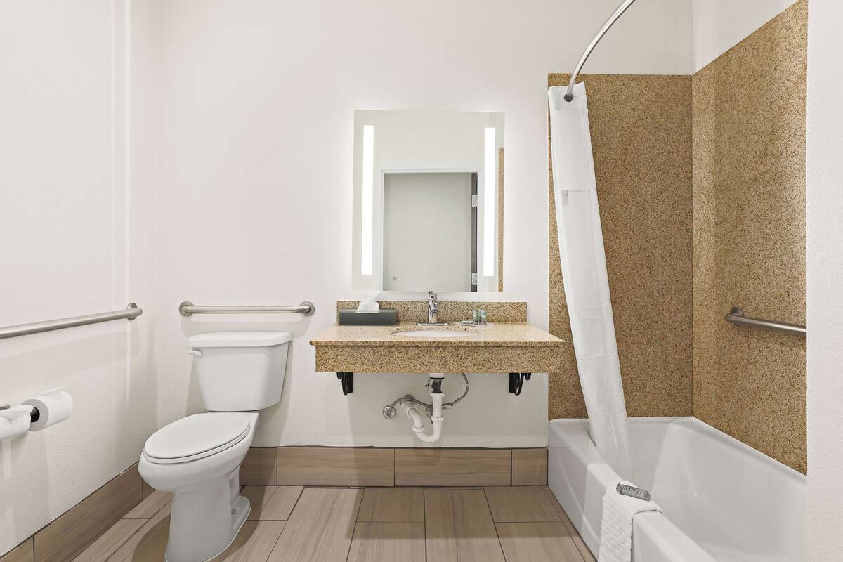 standard room, 1 king bed, accessible, refrigerator & microwave | bathroom | combined shower/bathtub, free toiletries, hair dryer, towels