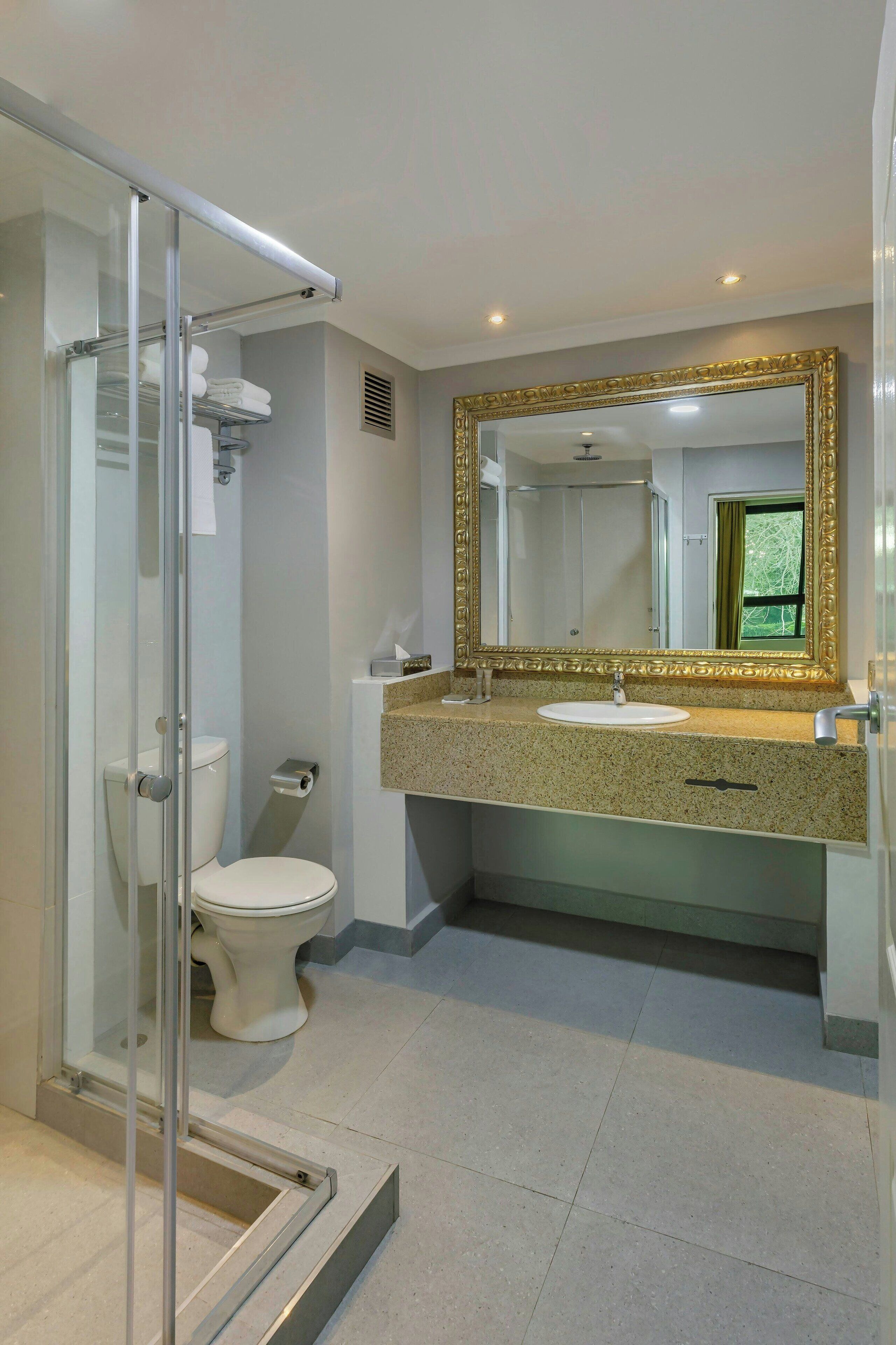 shower, free toiletries, hair dryer, towels