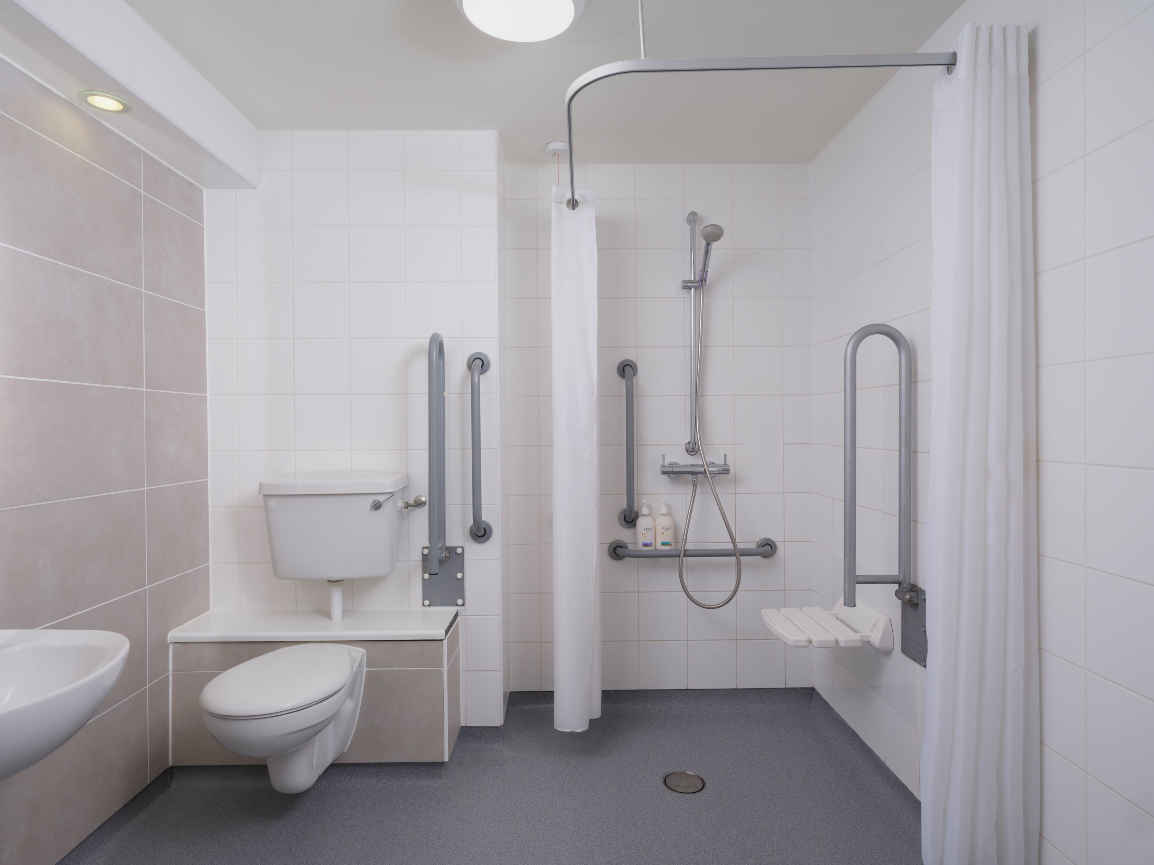 Une salle de bain moderne équipée de toilettes, d’un bidet et d’une douche avec des barres d’appui.