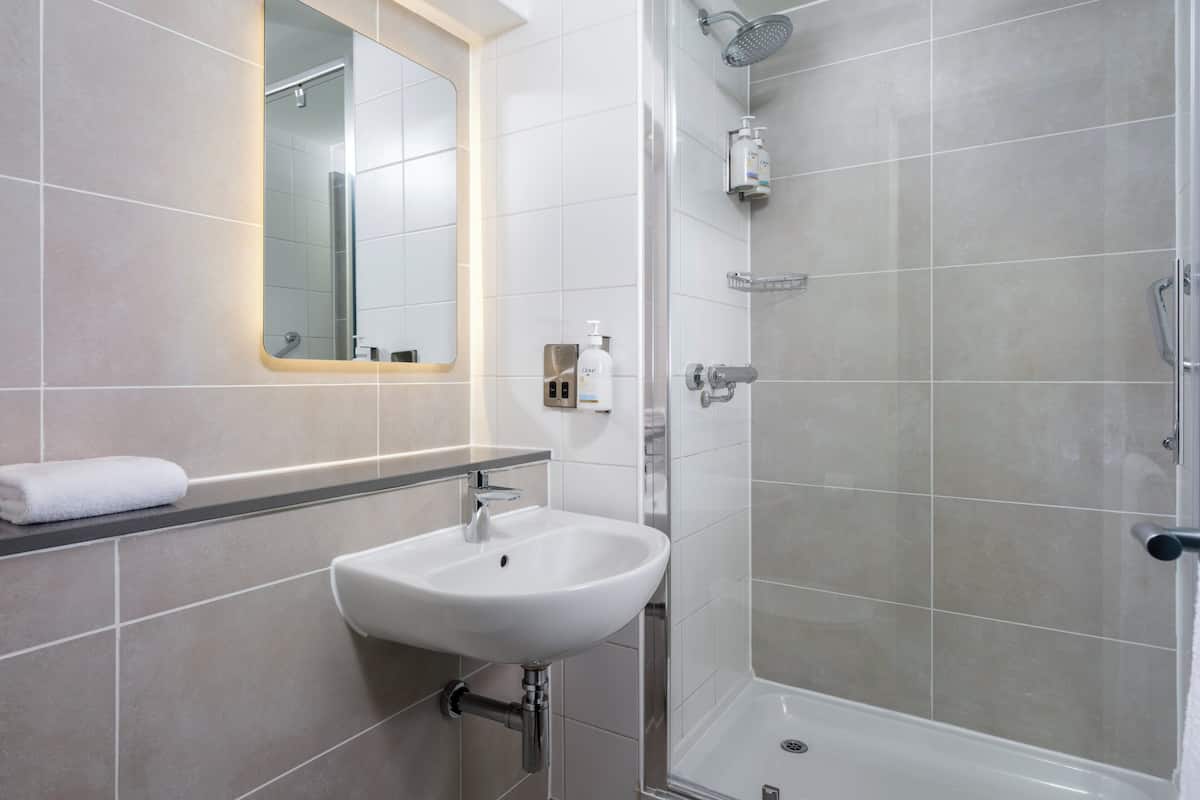 A bathroom with a white sink, mirror, and shower.