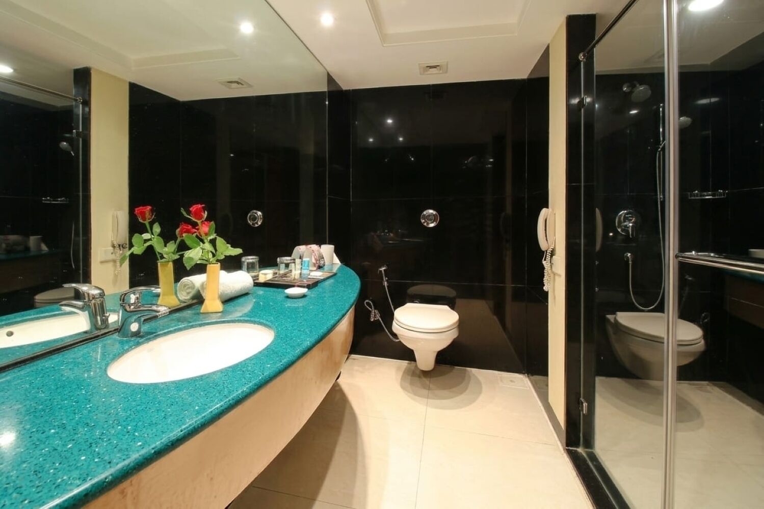 Une salle de bain moderne dotée d’un grand lavabo, de toilettes et d’une douche séparée par des parois en verre.