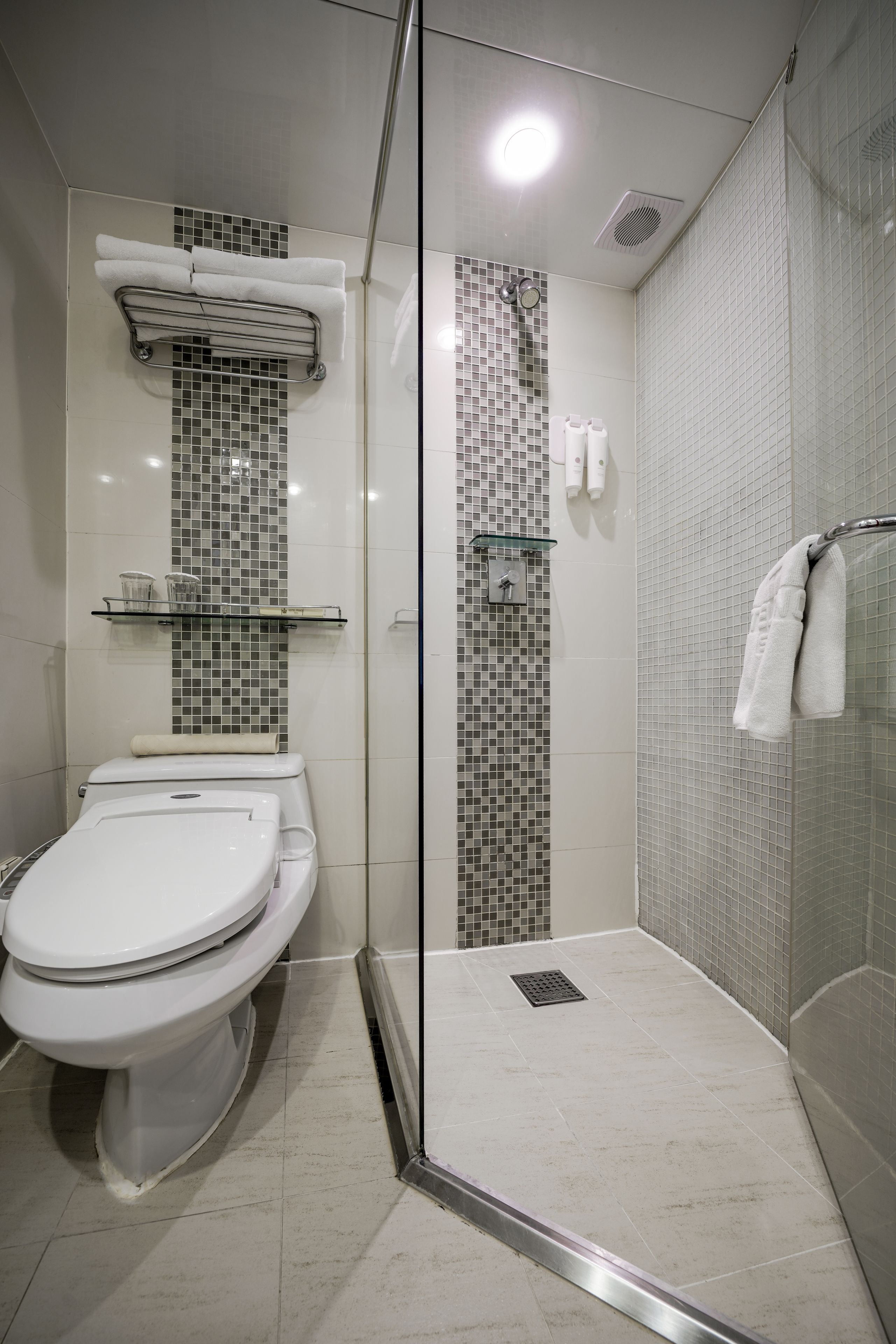 A modern bathroom with a glass-enclosed shower, a toilet, and a tiled wall with a mosaic pattern.
