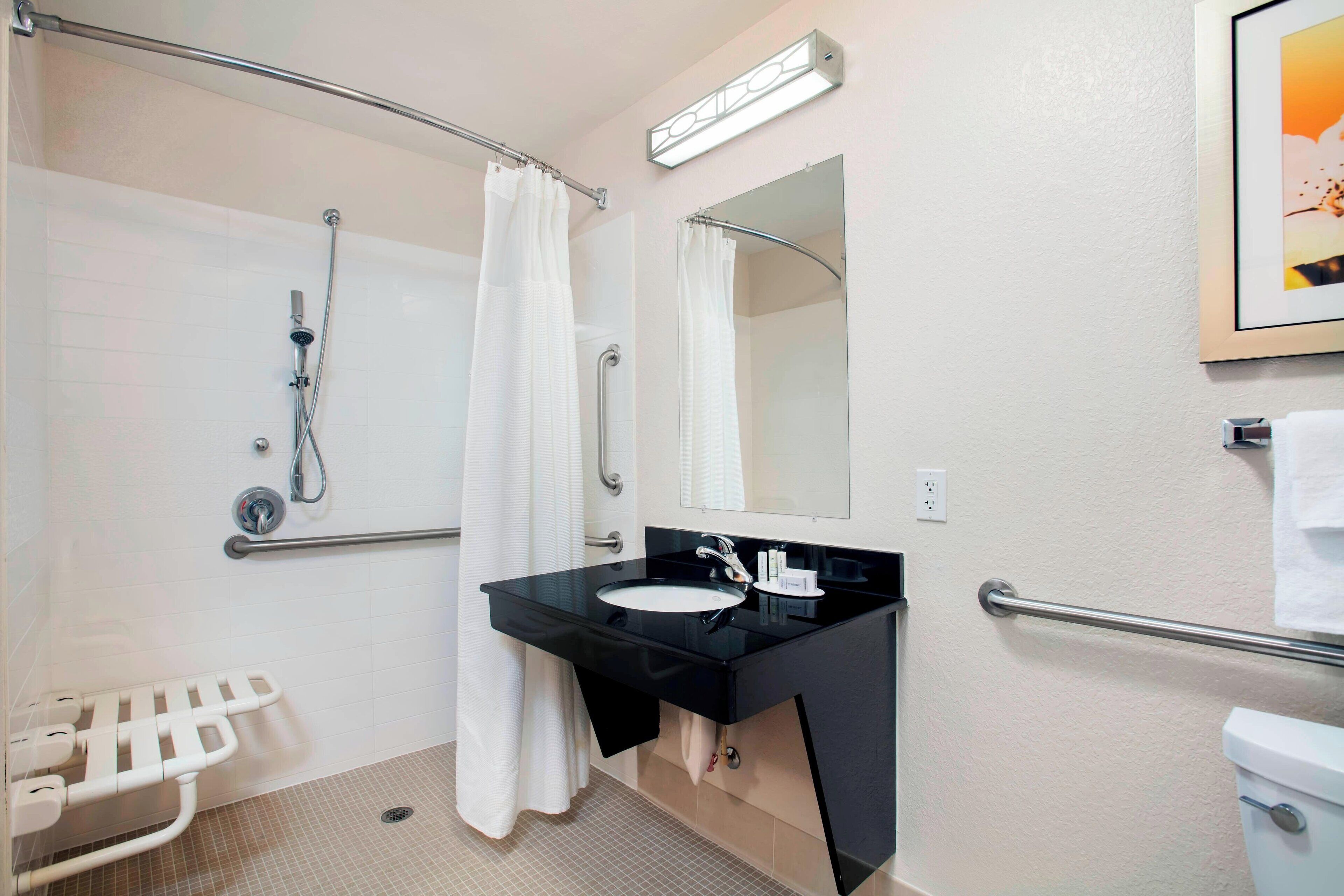 combined shower/bathtub, free toiletries, hair dryer, towels
