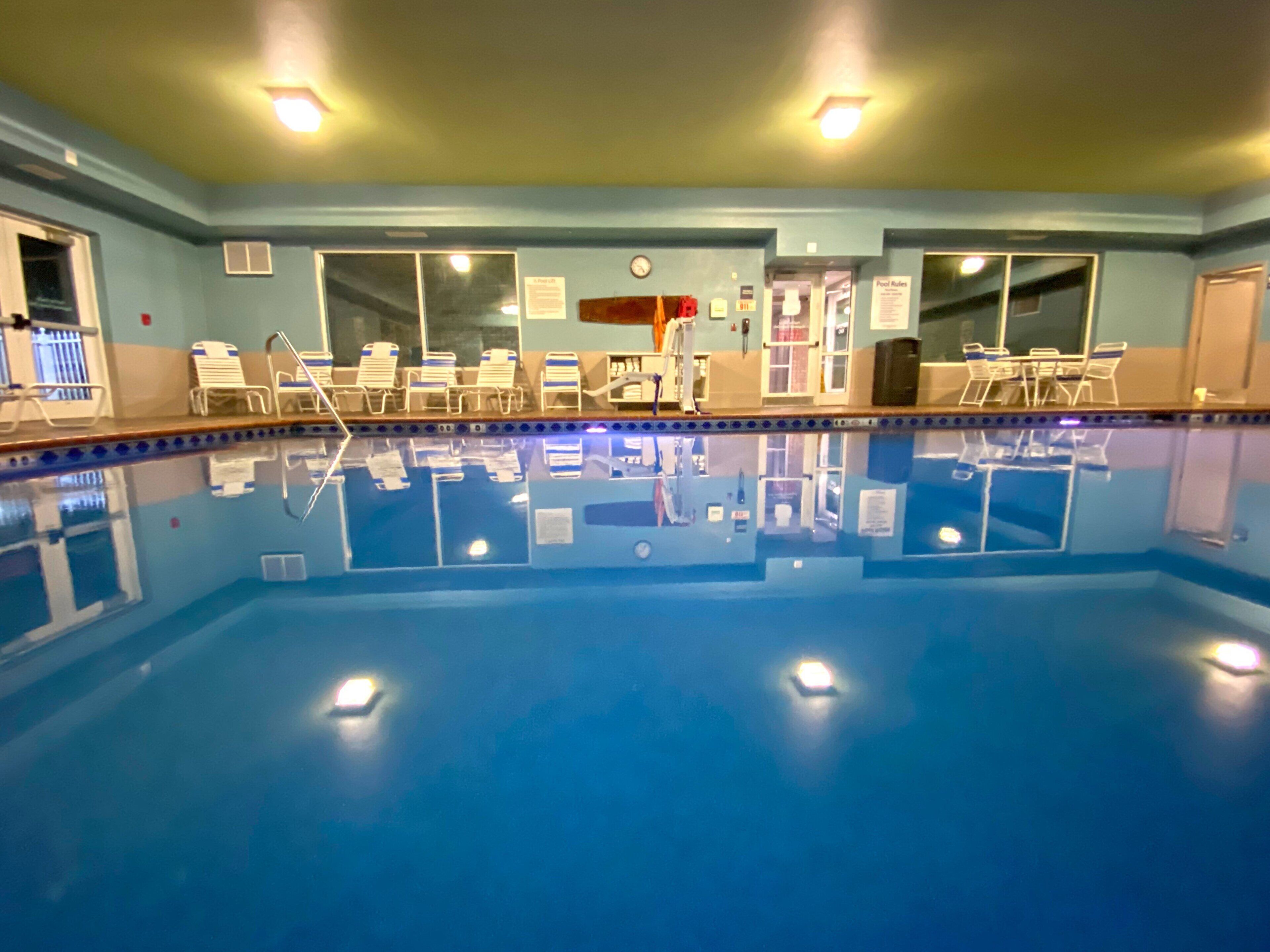 Indoor pool, open 7:00 AM to 10:00 PM, sun loungers