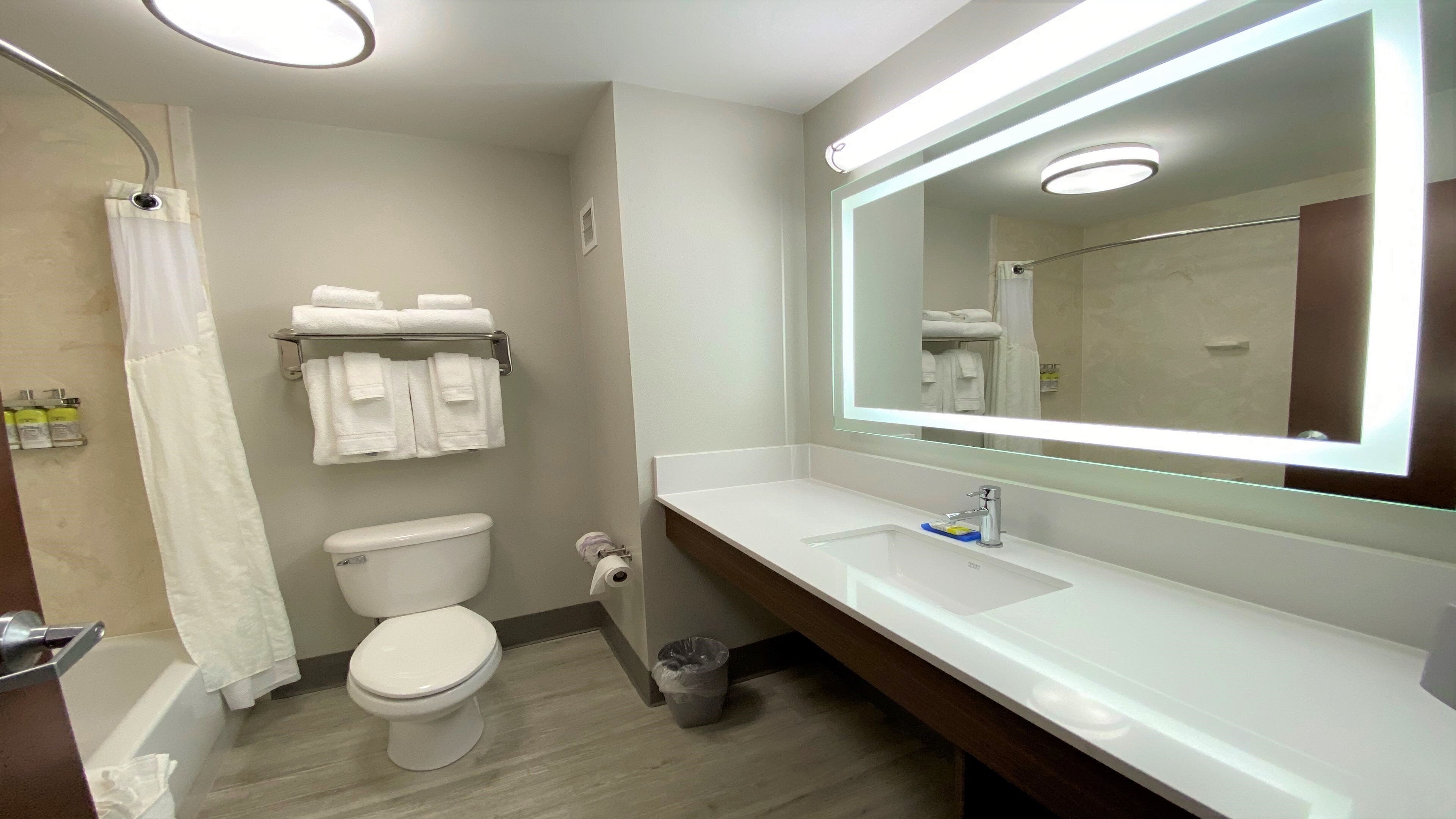 combined shower/bathtub, rainfall showerhead, designer toiletries