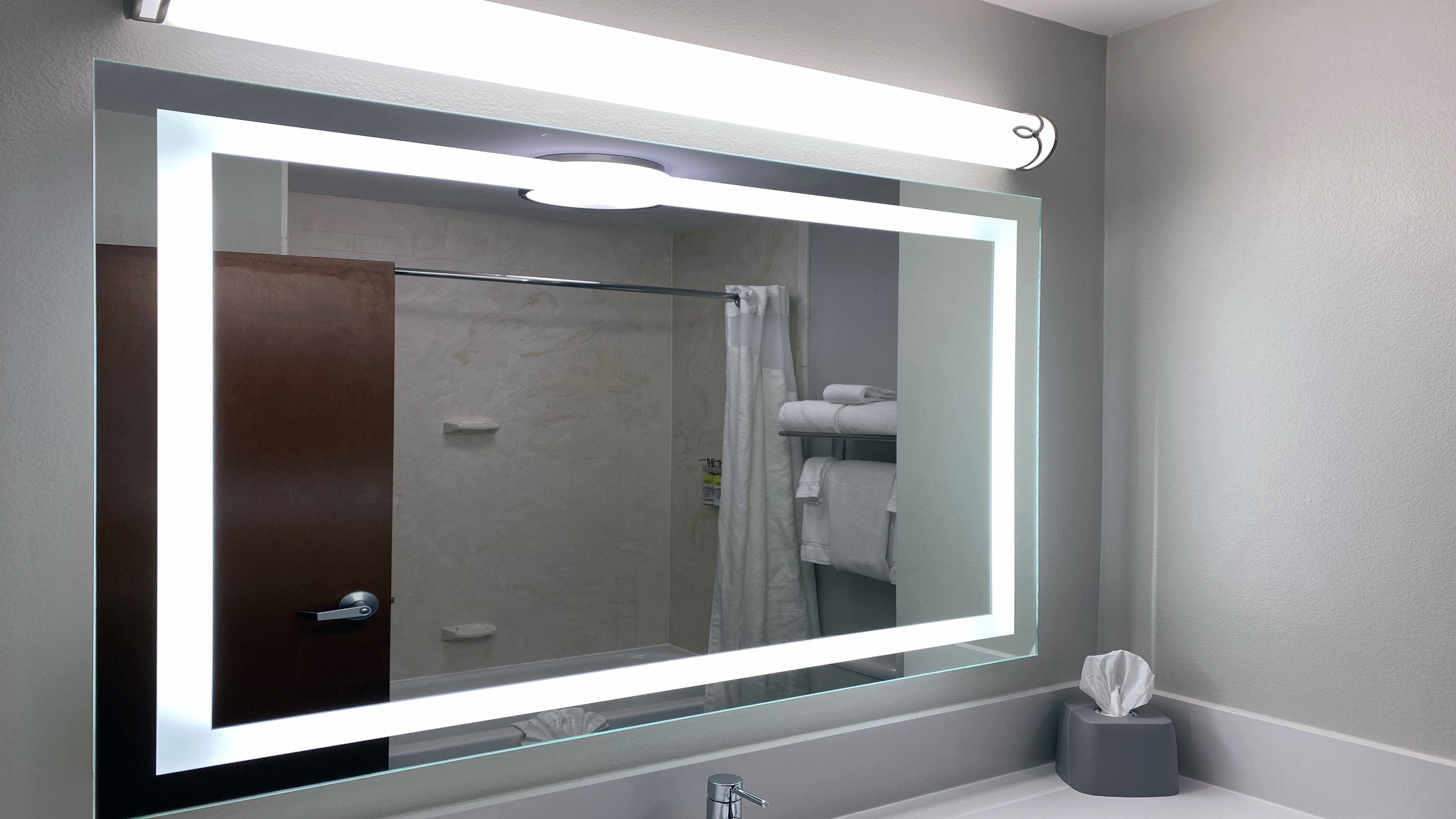 A bathroom with a large mirror, a shower curtain, a towel rack, and a tissue box.