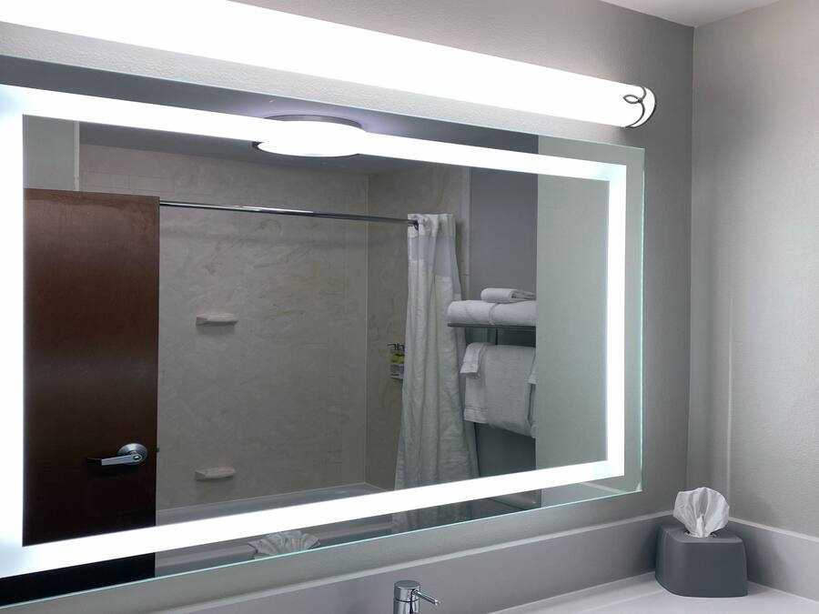 A bathroom with a large mirror, a shower curtain, a towel rack, and a tissue box.