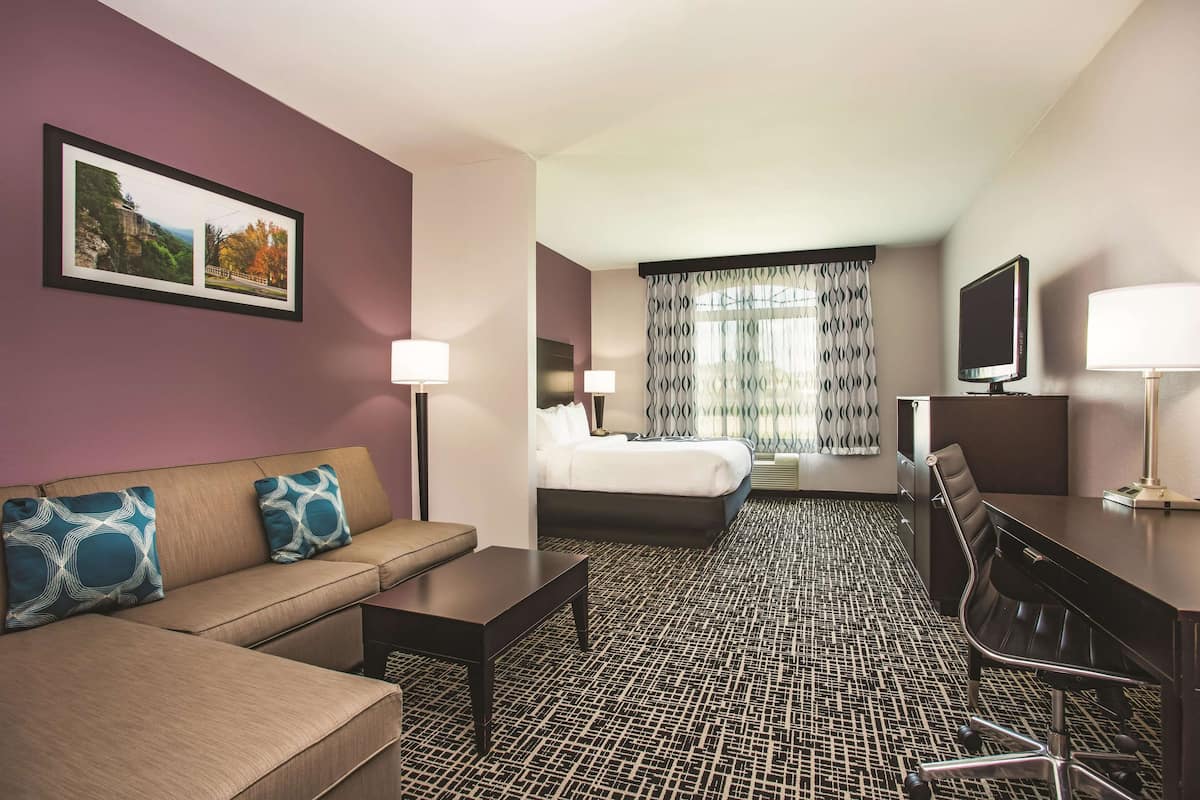Una habitación de hotel con sofá, cama, escritorio y televisor.