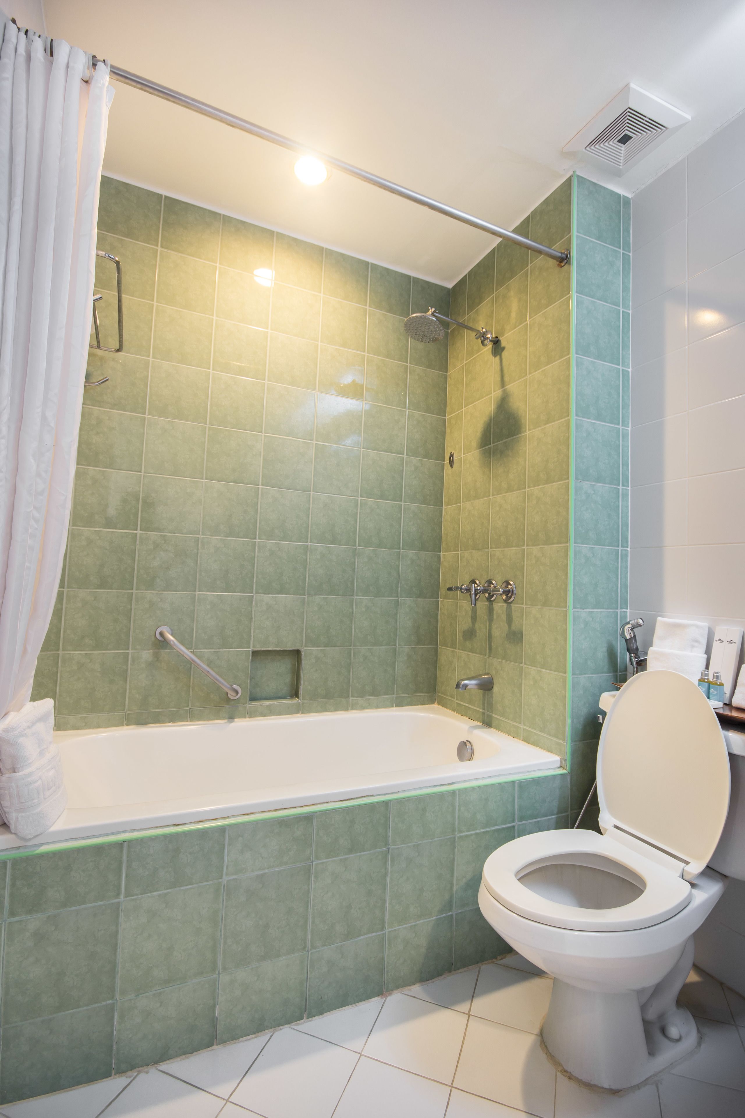 A bathroom with a bathtub, shower, and toilet.