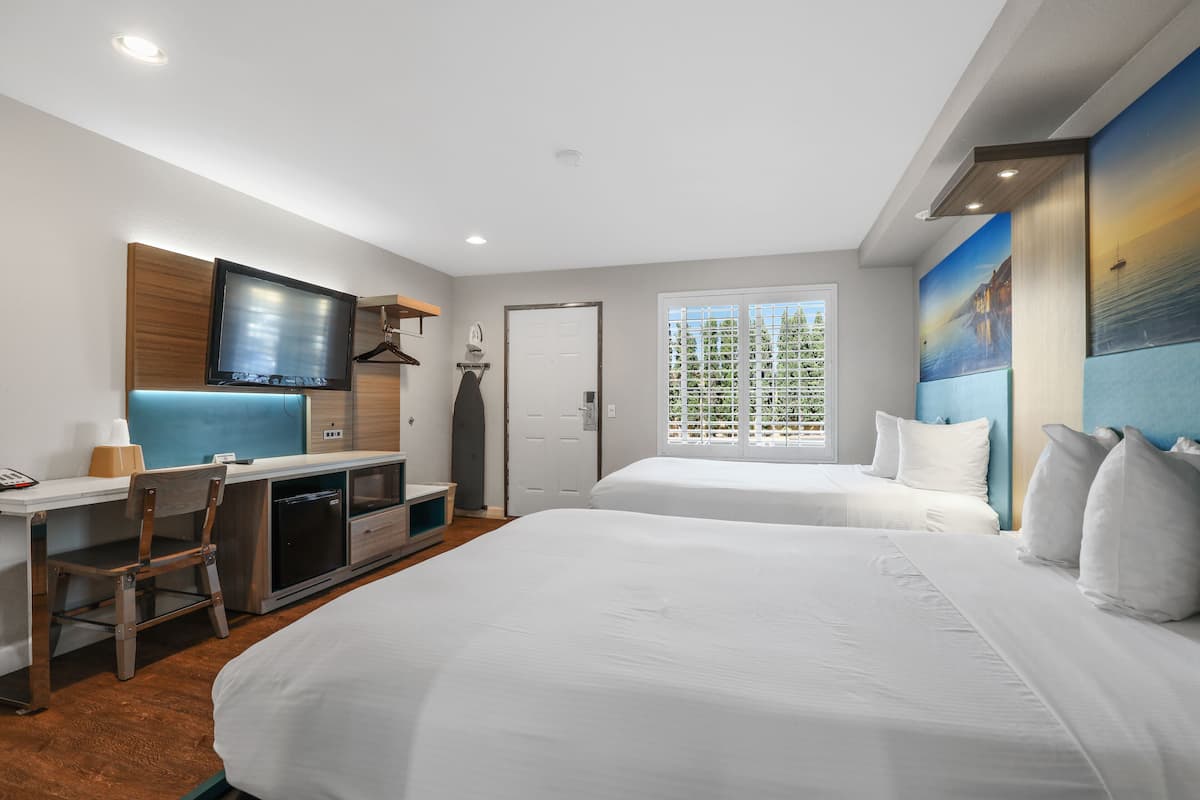 A hotel room with a bed, a desk with a computer, a TV, and a window with a view of trees.