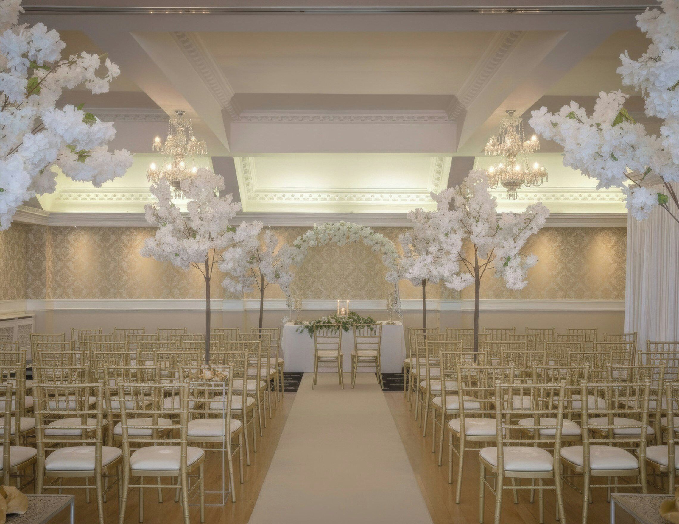 Un espacio interior elegante con filas de sillas doradas y arreglos florales blancos.