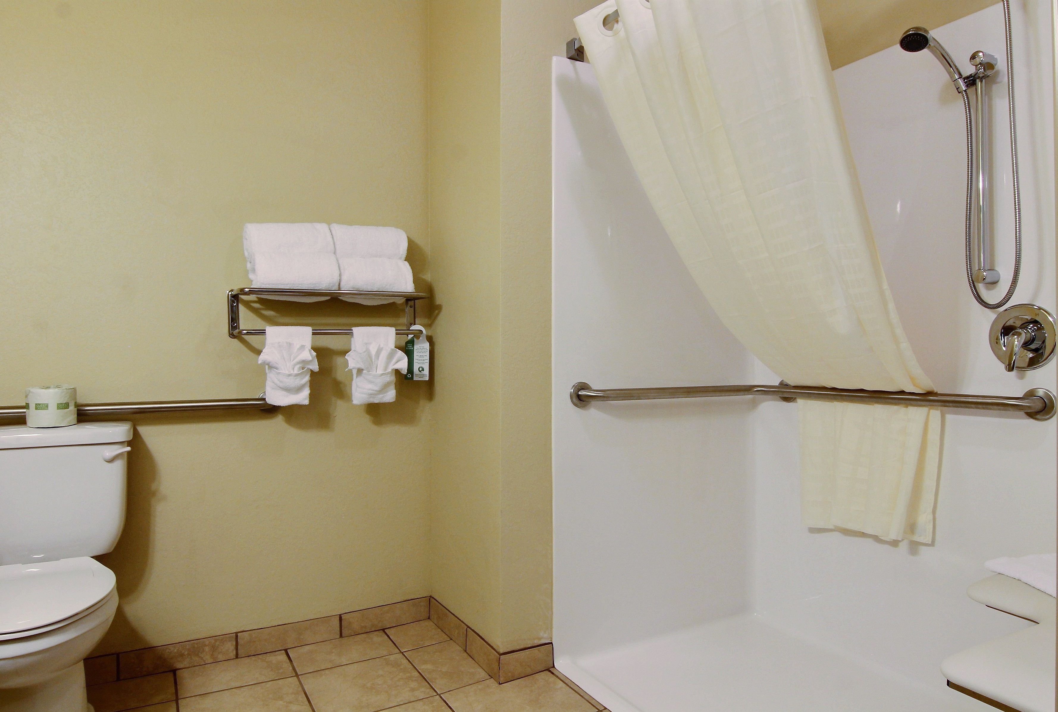 combined shower/bathtub, free toiletries, hair dryer, towels