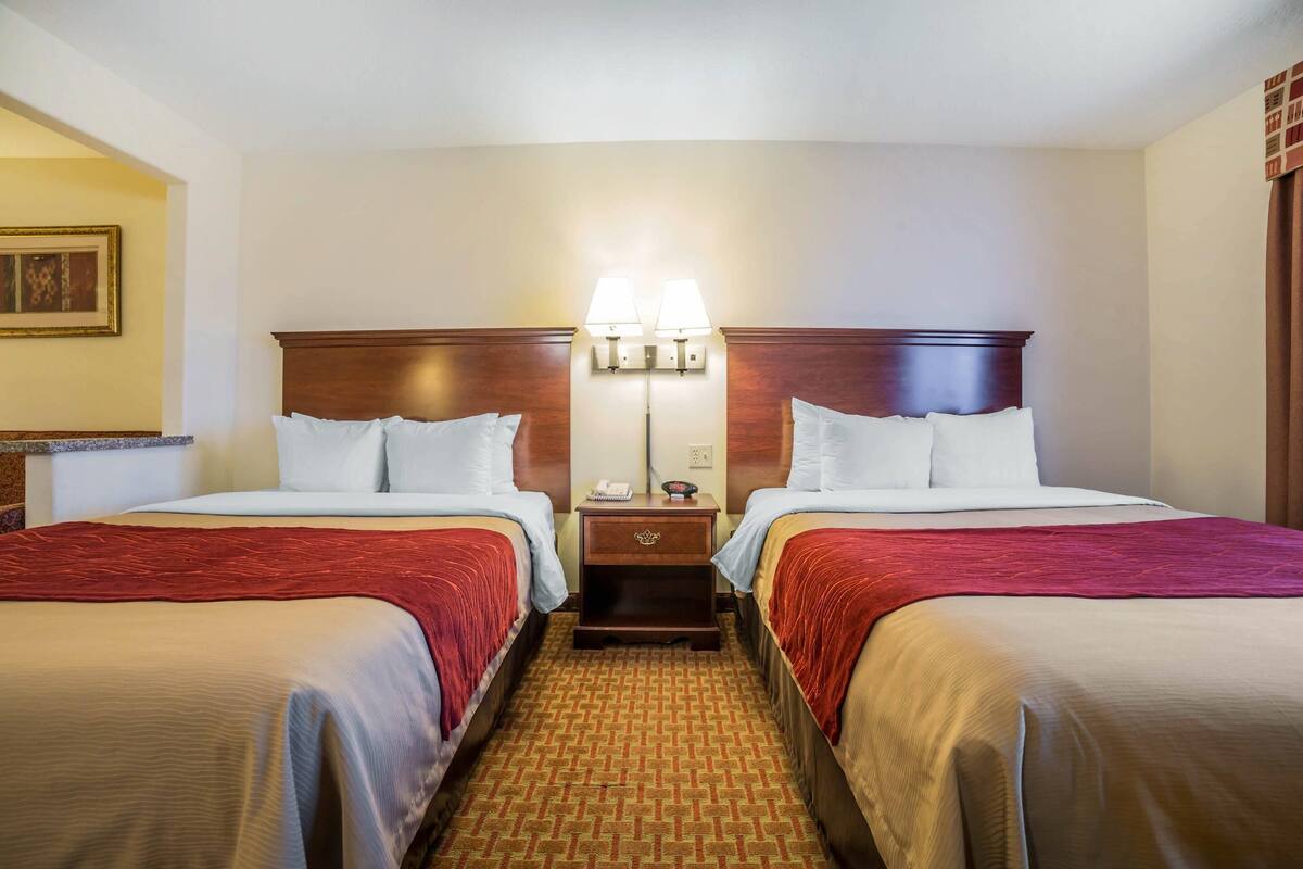 A hotel room with two beds, a nightstand with a lamp, and a carpeted floor.