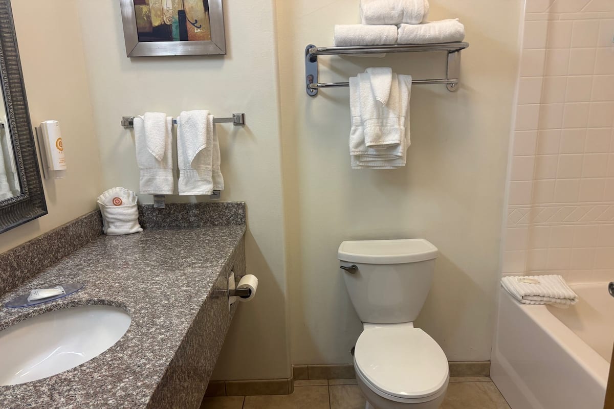 Combined shower/bathtub, hair dryer, towels