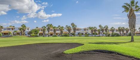 Un campo da golf con bunker di sabbia, palme e una fila di edifici sullo sfondo.