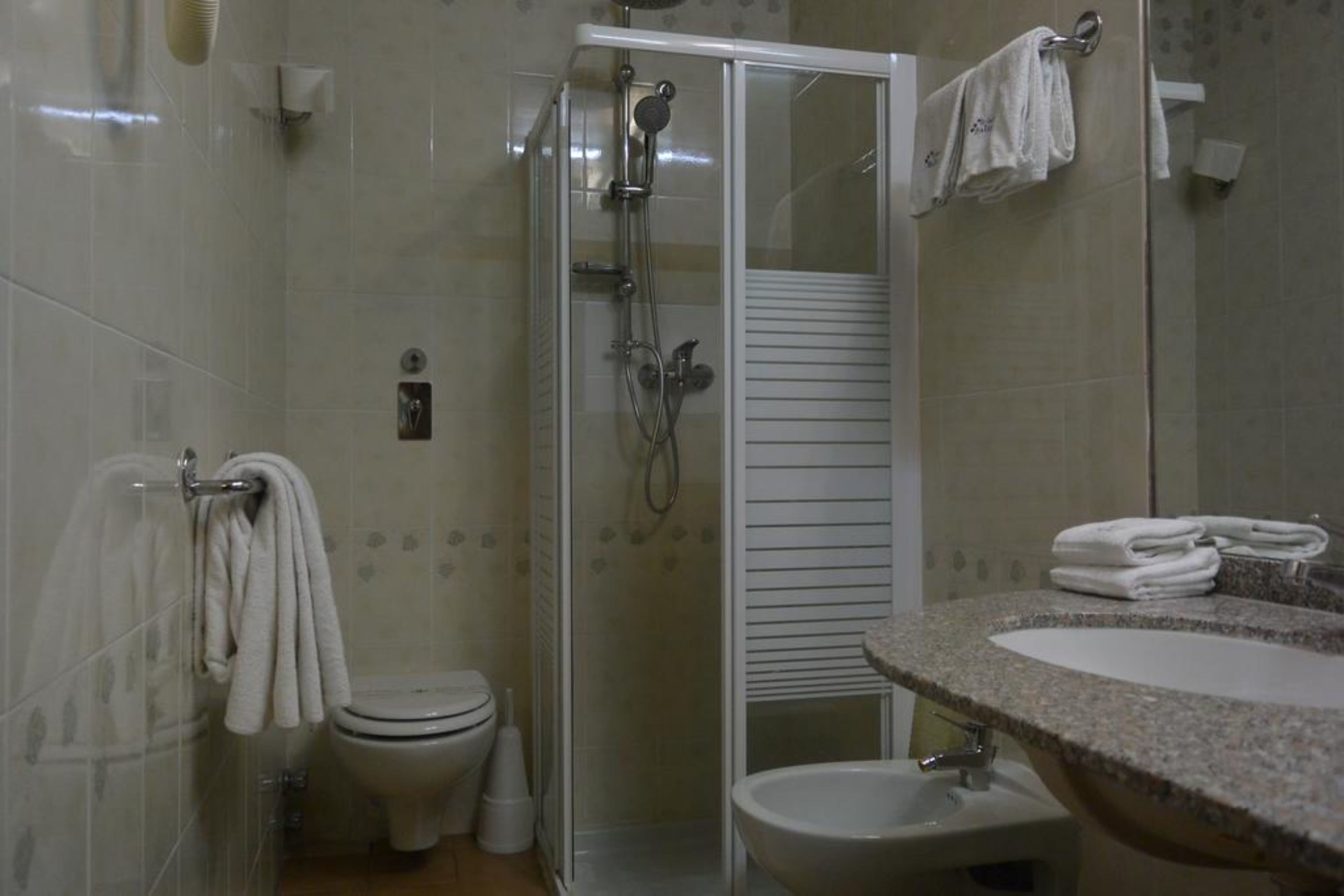 Un baño con ducha de vidrio, inodoro, bidé y lavamanos con encimera de granito.
