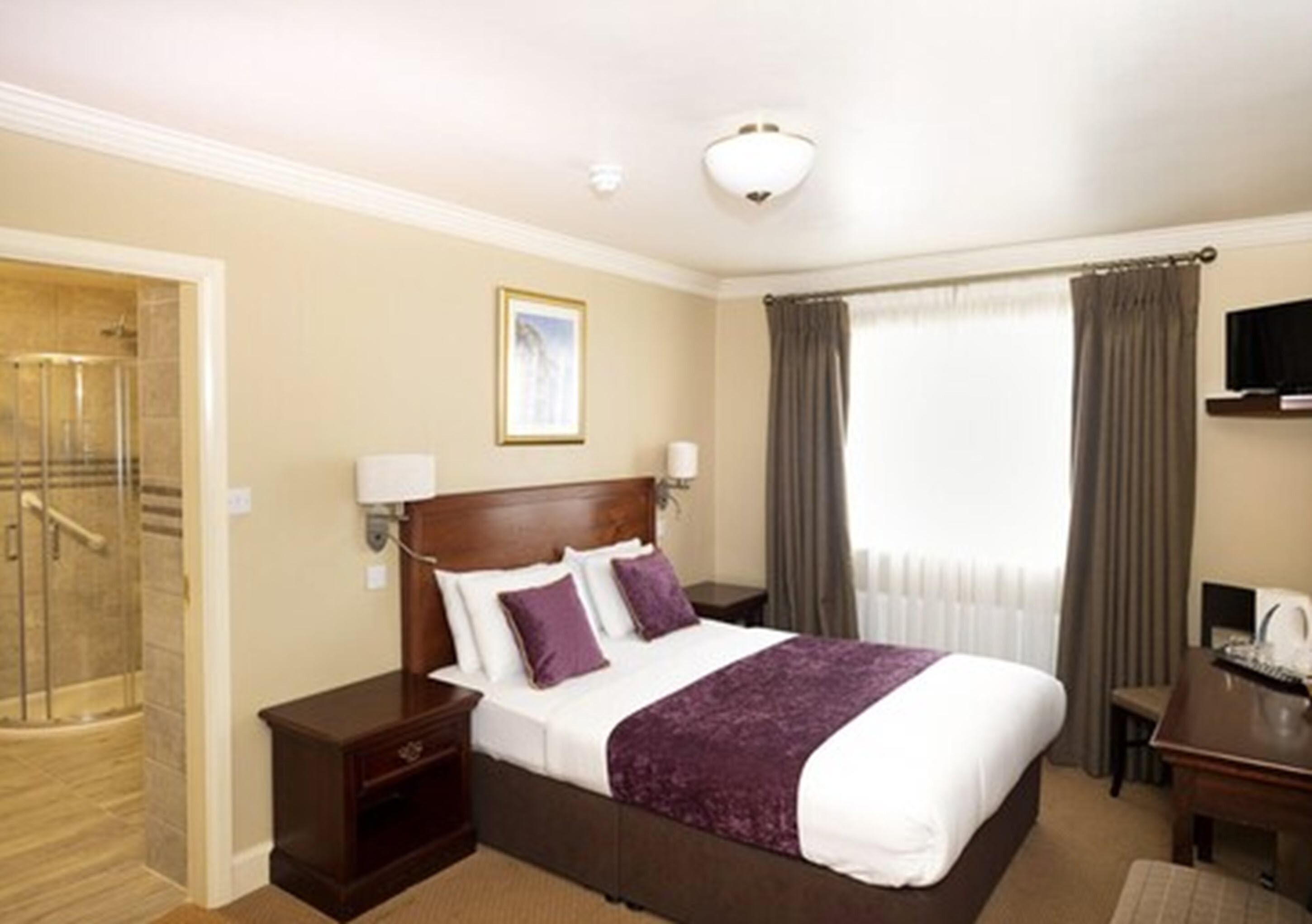Habitación de hotel con cama, mesitas de noche, escritorio, silla, televisor y zona de ducha.
