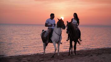 Two people riding horses on a beach at sunset.