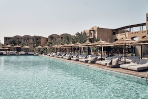 Outdoor pool, pool umbrellas, sun loungers