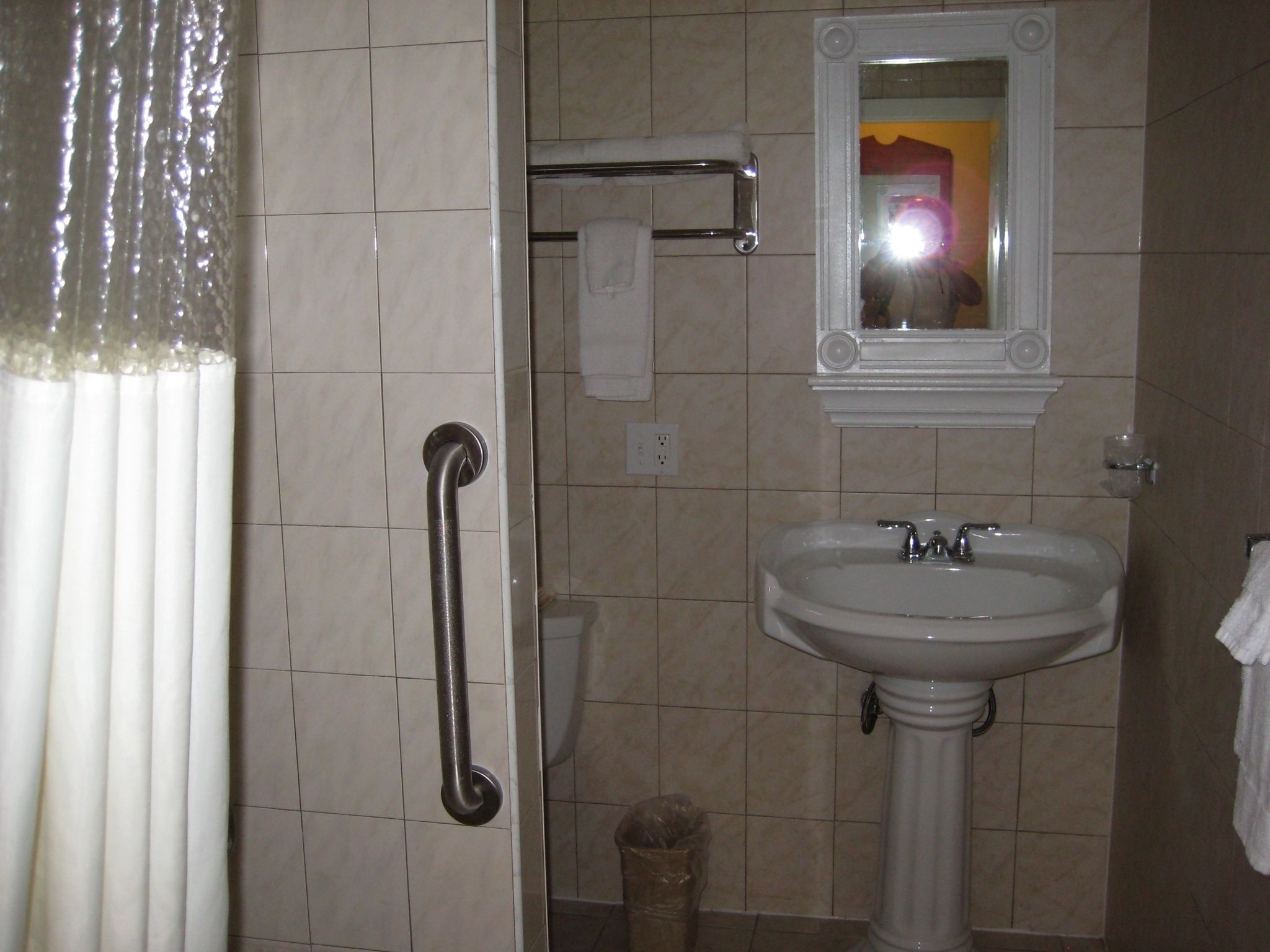 A bathroom with a shower, a sink, and a mirror.