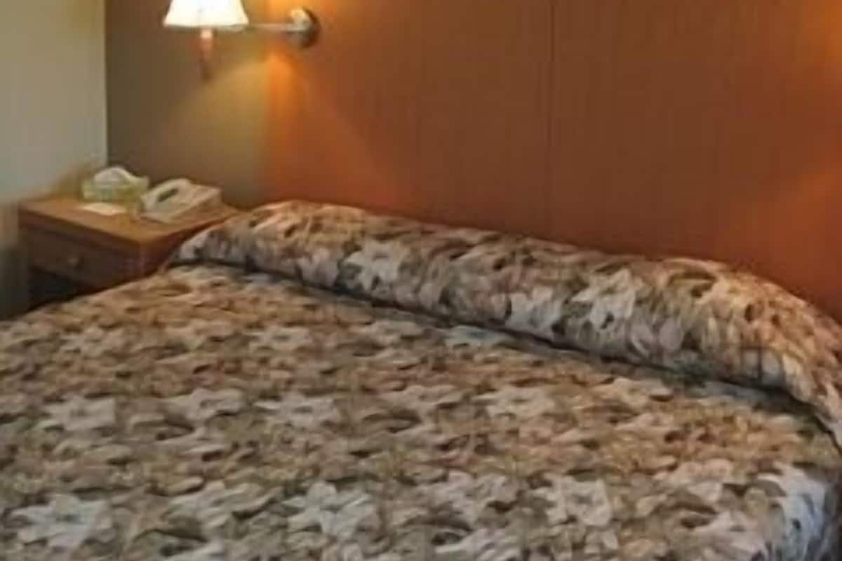 A hotel room with a bed, a nightstand with a lamp, and two framed pictures on the wall.