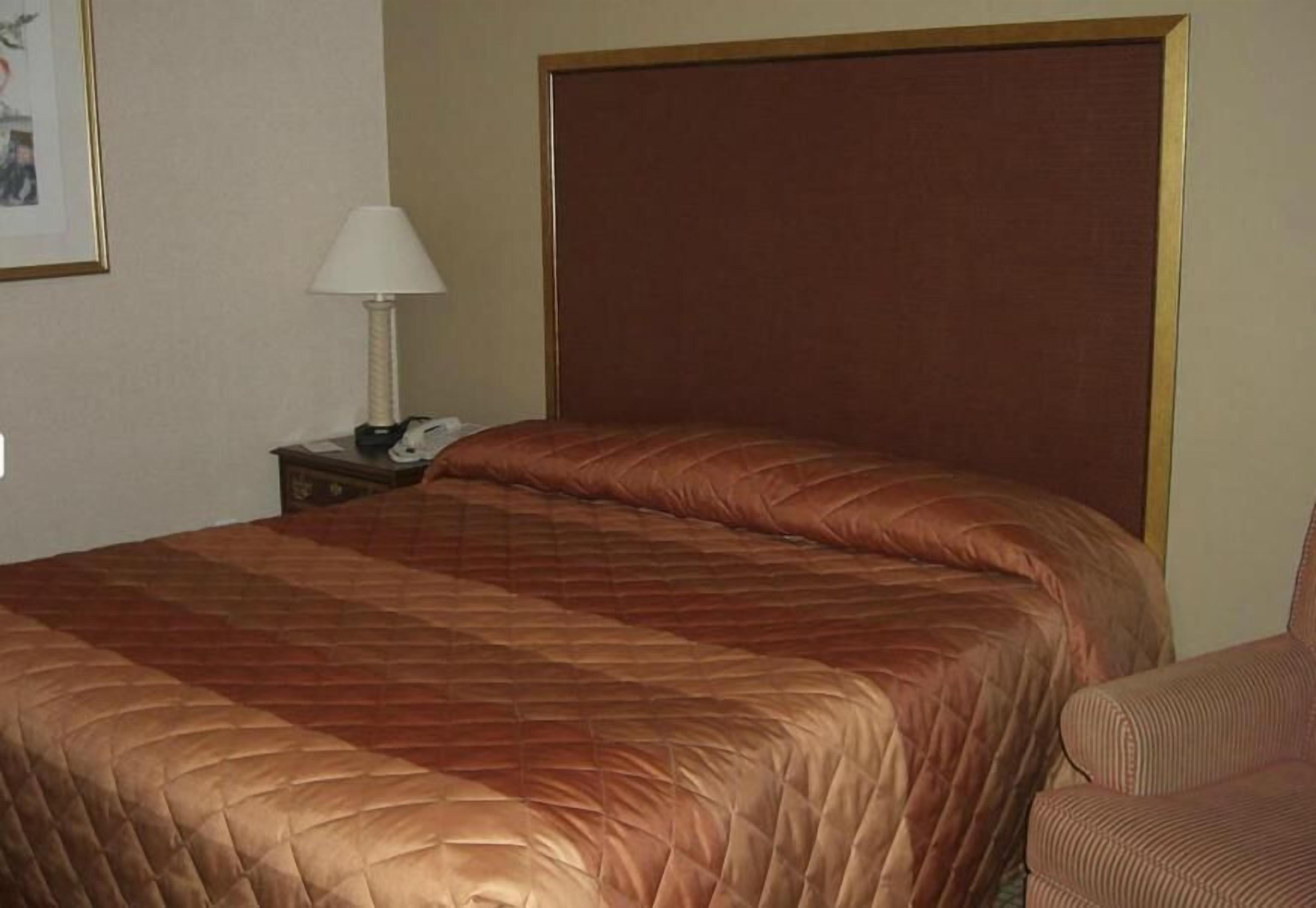 Ein Hotelzimmer mit einem großen Bett, einem Nachttisch mit Lampe und einem gerahmten Bild an der Wand.