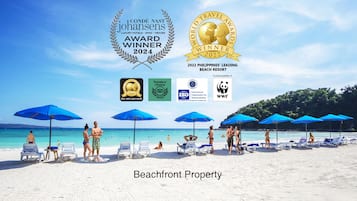 Private beach, white sand, free beach shuttle, sun loungers