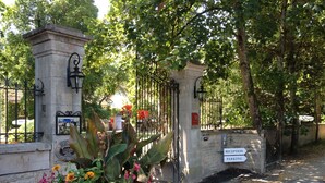 Una entrada con reja, un letrero de recepción, un pilar de piedra con una placa y diversas flores.