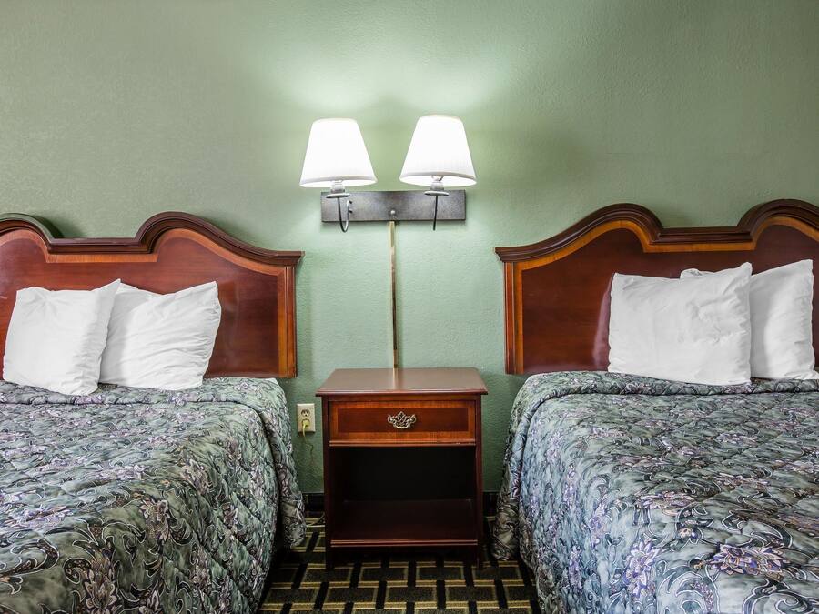 Une chambre d’hôtel avec deux lits, chacun doté d’une tête de lit en bois et d’oreillers assortis. Une table de chevet avec une lampe se trouve entre les deux lits.