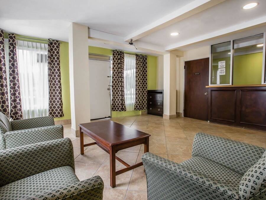 A hotel room with patterned green sofas, a wooden table, and a green wall.